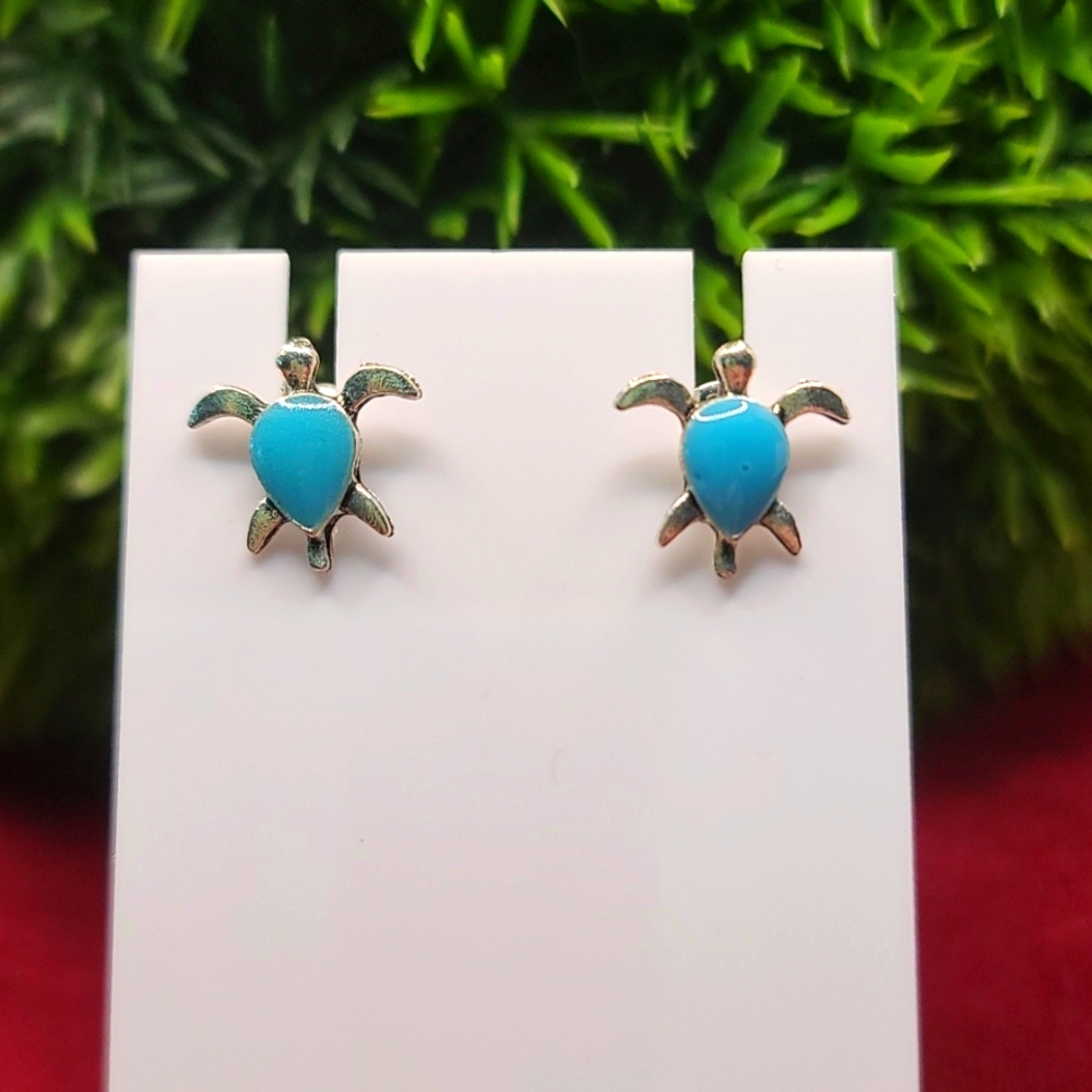 TURTLE stud earrings silvertone & tourquise